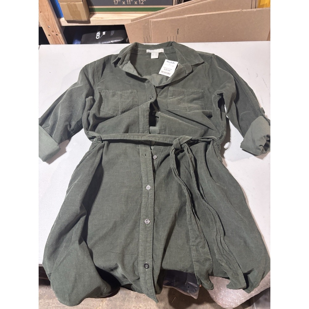 NWT Lucky Brand Corduroy Shirt Dress Womens Size S Button Up Belted Forest Green
